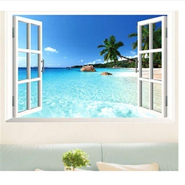 Wallpapers Atacado - 2021 60 * 90 cm Janela 3D PVC Removível clássico azul praia Papel de parede decorativo DP1281