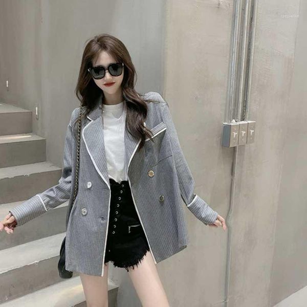 

casual women's jacket autumn and winter korean fashion loose double-breasted striped jacket chic gray solid color women's autumn1, White;black