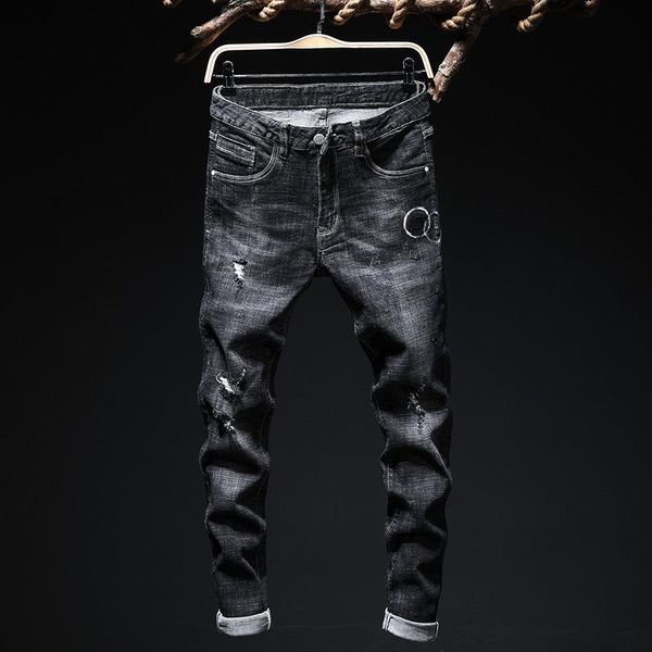

men's jeans original design european and american small straight elastic black embroidery slim pants 7749, Blue