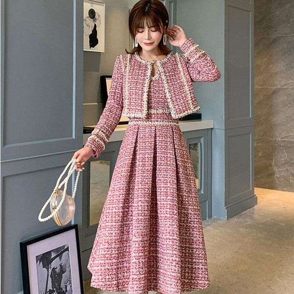 

winter new fashion women's stitching webbing tweed short coat and dress two-piece suit beading woolen cloth 2 pi, Gray