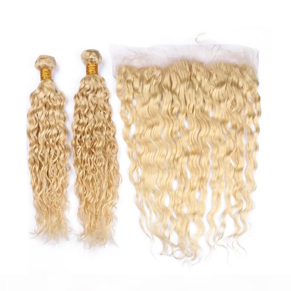 

russian blonde human hair water wave weave wefts with frontal #613 blonde wet and wavy lace frontal closure 13x4 with virgin hair 2bundles, Black;brown