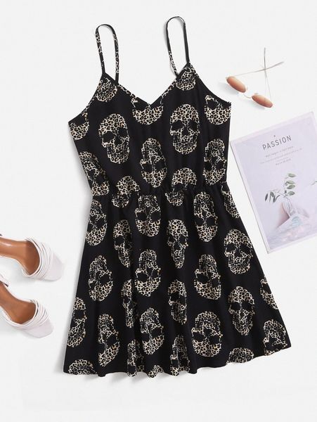 

skull print cami dress i8hl#, Black;gray