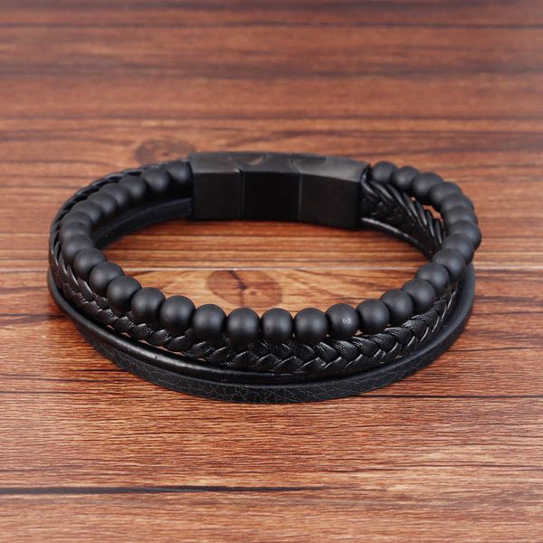 

natural leather lava stone woven stainless steel bracelet l19129, Silver