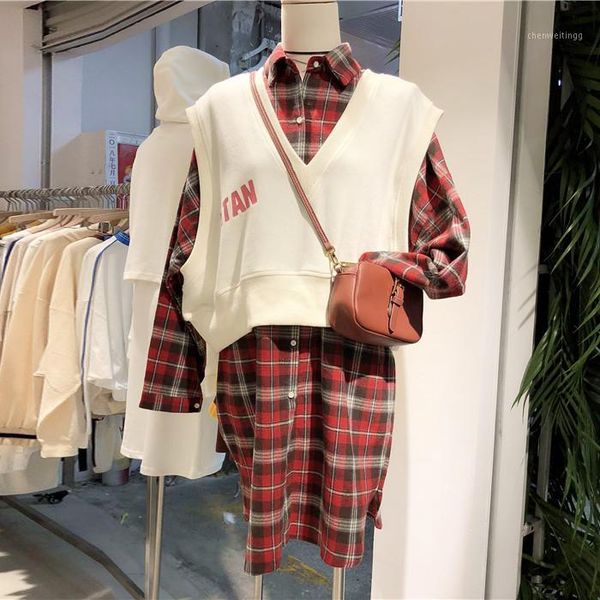 

xl-5xl plus size 2018 autumn fashion women long sleeves plaid long shirts + vest 2 pcs sets a4021, Gray