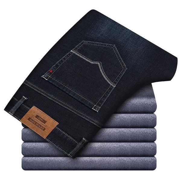 

2020 cholyl winter new men's warm jeans business casual elasticity thick slim denim pants brand trousers plus size 40 42, Blue