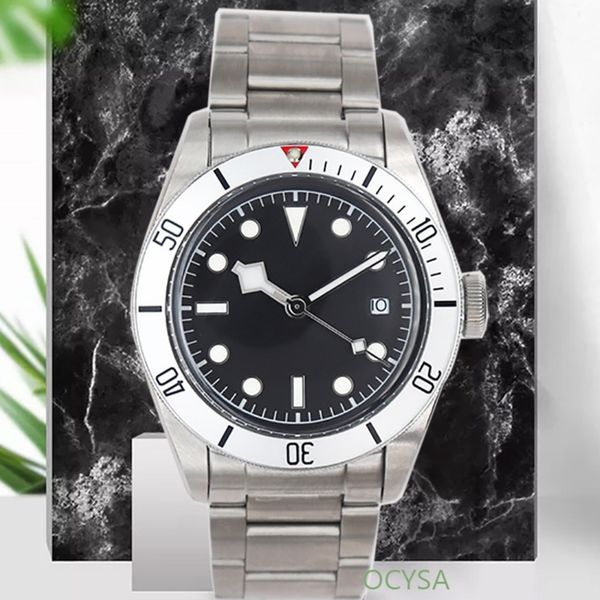 

men's automatic 41mm watch white steel case black dial mineral glass luminous pointer 316l stainless steel with date display r1, Slivery;brown