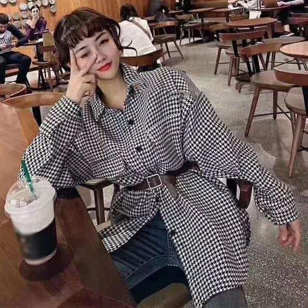 

woolen plaid checker women short shirt coat pockets beltless turn-down collar coats for girls 2020 winter autumn new casual, Black