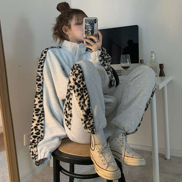 

cashmere thickened casual fashion suit women's autumn winter lamb fur leopard coat and leggings sportswear 2-piece set, Gray