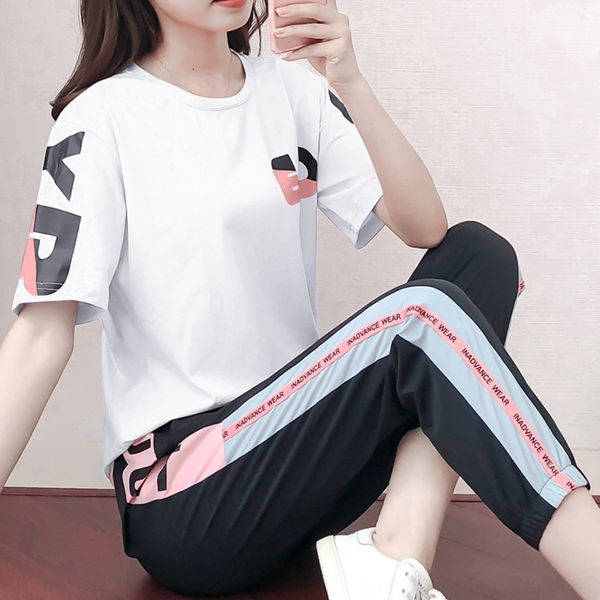 

d4ba7 tw suit 2020 contrast color stitching korean style tight suit printed tight pants t-shirt running pants leggings loose casual t-shirt, Gray