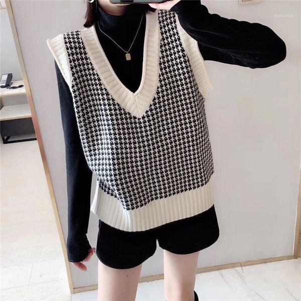 

angora wool knit vest sweater women 2020 winter korean vintage houndstooth geometric plaid v neck sleeveless pullover jumper, Black;white