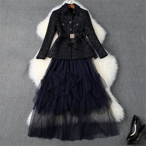 

2019 fall autumn blue long sleeve turn-down collar tweed waist belt jacket + mid-calf skirt two piece 2 pieces set o0610270, White