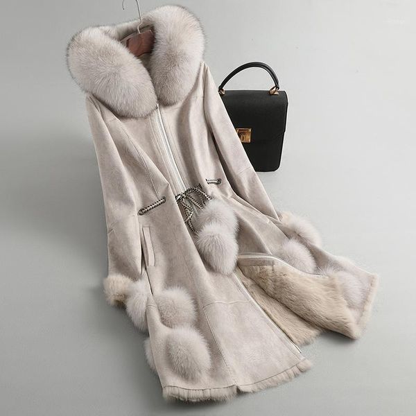 

natural fur coat female vintage long real fur hooded shearling jacket women korean double faced hiver 080041, Black