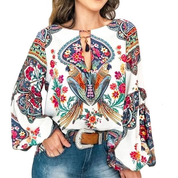 

2020 casual vintage shirt blouse women printed lantern sleeve plus size womens loose v neck blusas mujer de moda, White