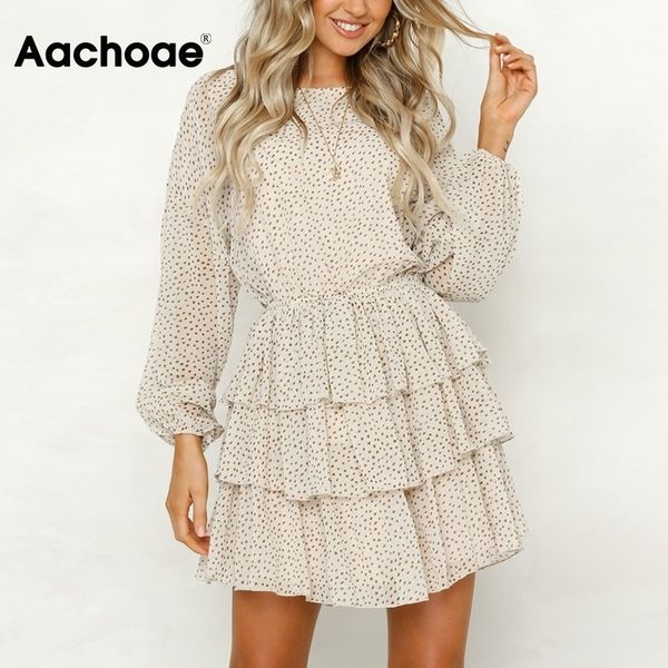 

aachoae women dot print chiffon mini dresses summer o neck cascading ruffle dress long sleeve back hollow out boho party dress y200805, Black;pink