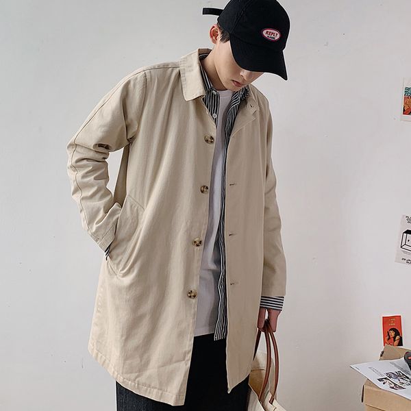 

windbreaker autumn 2020 new solid color lapel medium length casual jacket men's fashion, Tan;black