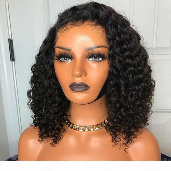 

kinky curly bob lace front wig with baby hair pre plucked peruvian virgin full lace human hair short wigs for black women, Black;brown