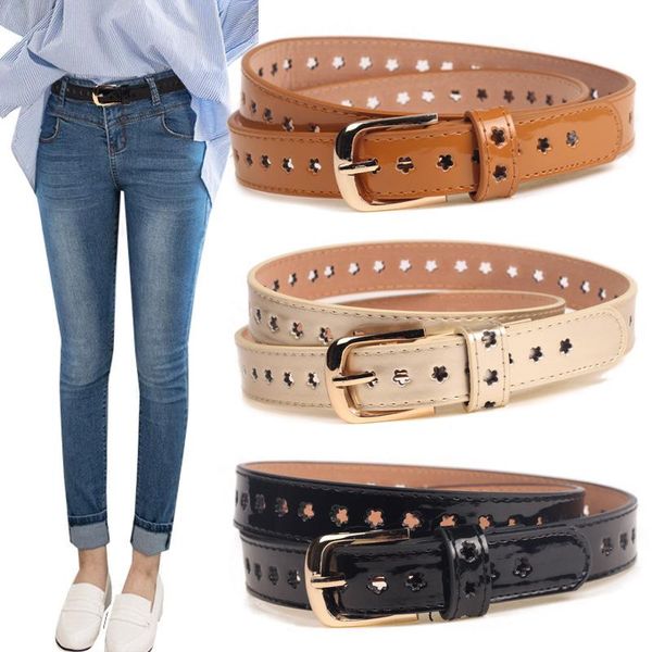 

fashion lady belt pu bright leather star hollow plum blossom handicraft fine pin button leisure shiny multi-color, Black;brown