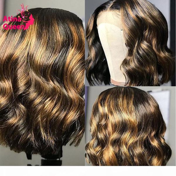

invisible 13x6 ombre short bob body wave wig honey blonde highlight pixie cut wigs preplucked and bleached knots lace wig remy, Black