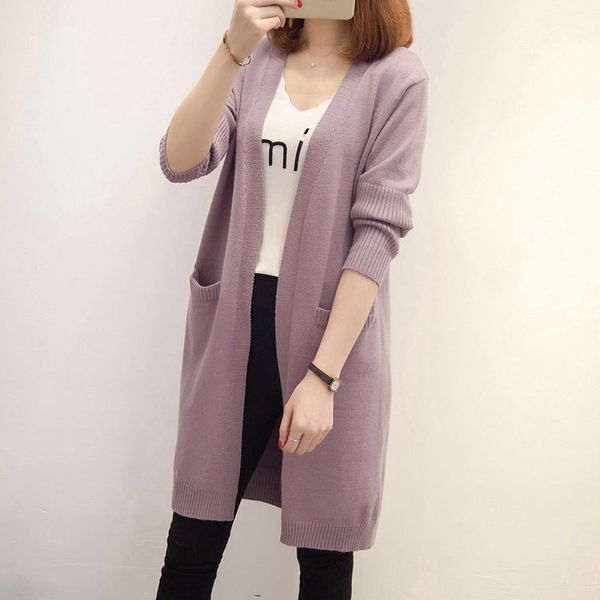 

casual women outwear knitted cardigan long sleeve two pockets female long sweaters 4 colors purple red ladies cardigans for 2020 c1030, Black