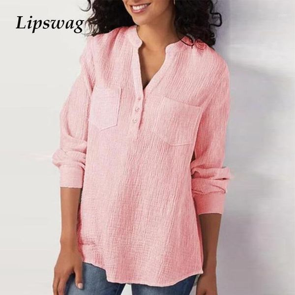 

women elegant cotton linen blouse plus size pocket v-neck pullover shirts spring summer long sleeve loose blusa streetwear1, White