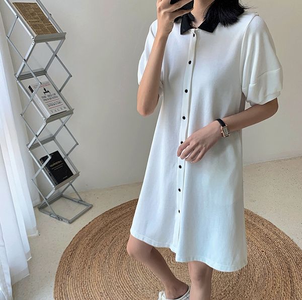 

french bubble sleeve with single breasted lookcolor contrast and multi-functional polo neck skirt french bubble sleeve with single breasted, Black;gray