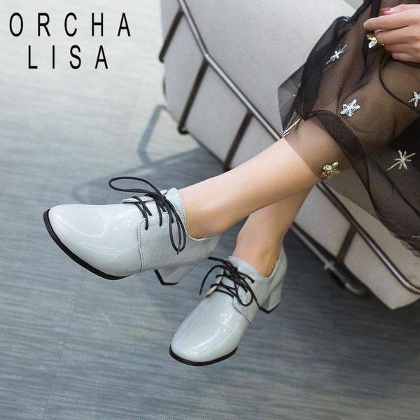 

orcha lisa women block pumps cross tied shallow square toe patent leathermed heels zapatos chaussures femme big size 45, Black