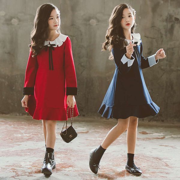 

girls' long sve and autumn 2021 korean spring drs solid color ruffle medium large children's skirt, Red;yellow