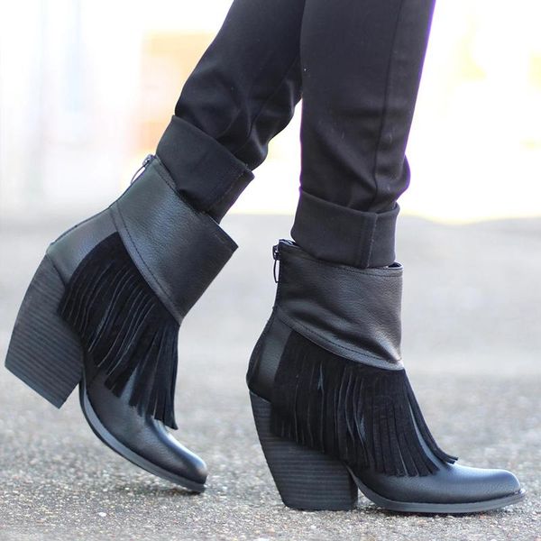 

boots autumn winter tassel ankle for women shoes pu leather platform punk ladies chunky high heels western, Black