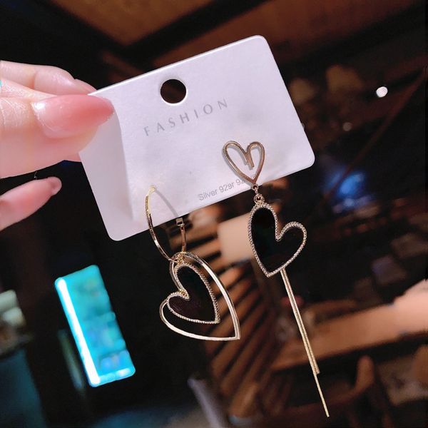 

korean style niche temperament tassel long personality wild earrings 925 silver needle asymmetric love plate earrings for women, Golden