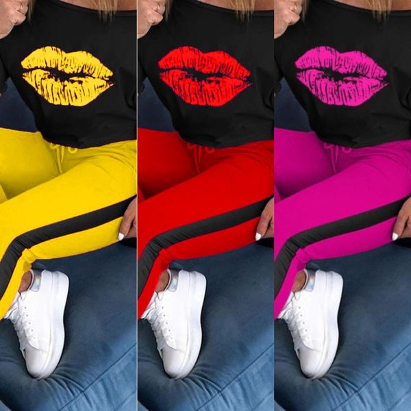 

al099 women's lip print sports two-piece ins summer al099 women's lip print sports suit two-piece suit ins t-shirt t-shirt summer, Gray