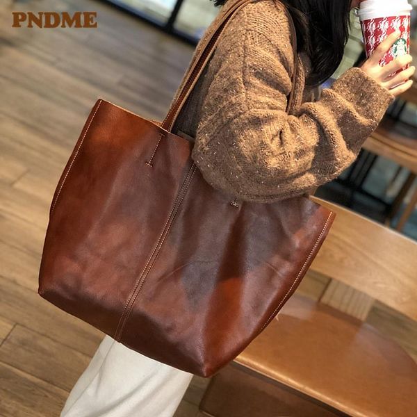 

pndme casual simple genuine leather ladies handbag shoulder bag cowhide leather mother bag holdall composite for women's