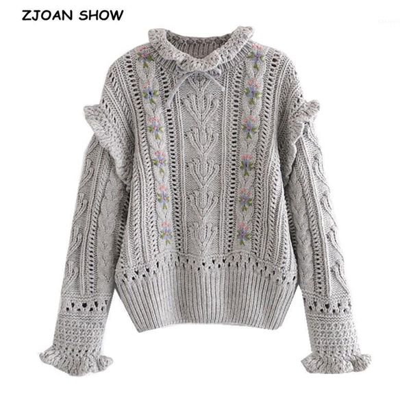 

2020 autumn winter women flower embroidery knitting sweater vintage spliced ruffles pullover knitwear long sleeve jumper1, White;black