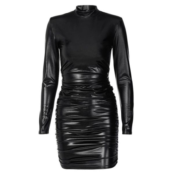 

women long sleeve turtleneck faux leather ruched shoulder padded bodycon dress lx9e, Black;gray