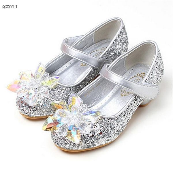 

qgxsshi girls crystal shoes sequins diamond children princess shoes small high heel genuine leather soft non-slip dance, Black;grey