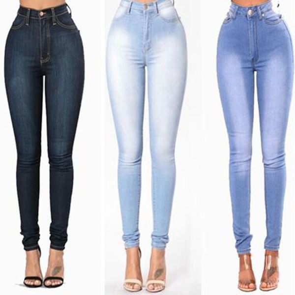 

plus size 3xl women's grinding elastic skinny stretch jeans high waist jeans washed casual denim pencil pants lady, Blue