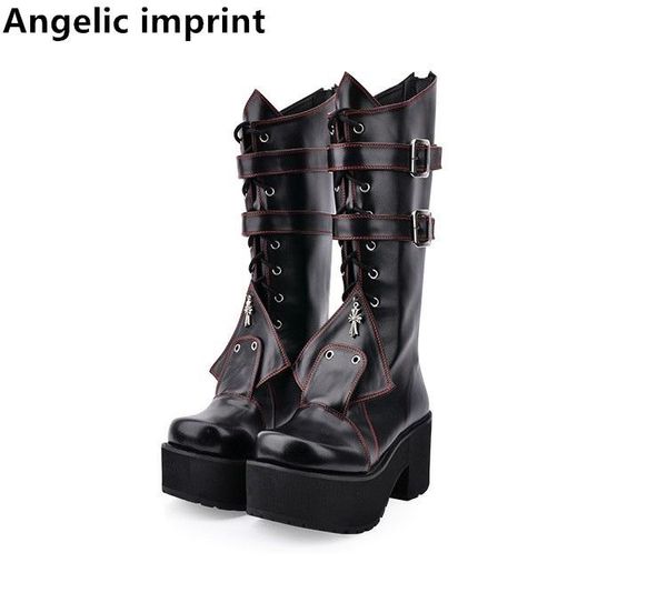 

angelic imprint women mori girl cosplay boots lady lolita punk motorcycle boots woman high trifle heels pumps shoes 33-47 8cm, Black