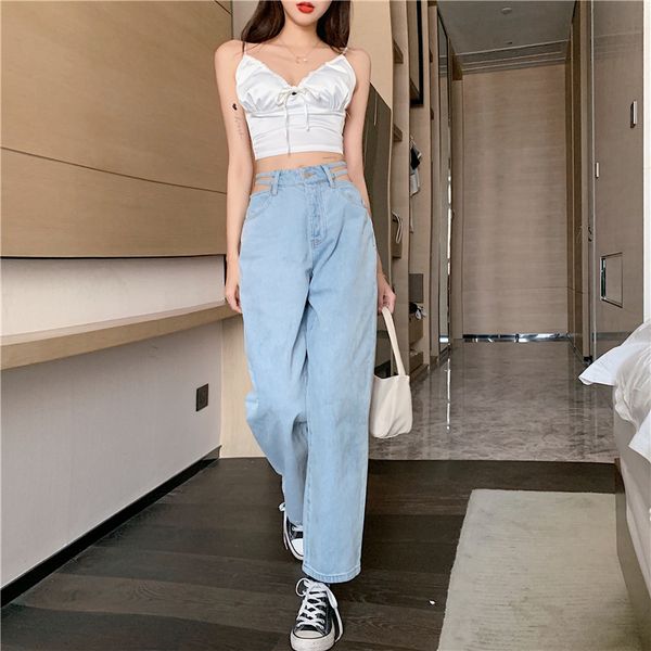 

new version of hong kong style high waist hollow versatile side drapeja legged pants long-legged temperament old woman jeans s6pp, Blue