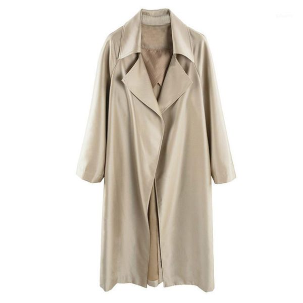 

2020 autumn new large size women loose long lapels simple trench coat high-end minimalist windbreaker long- sleeve pr0121, Tan;black