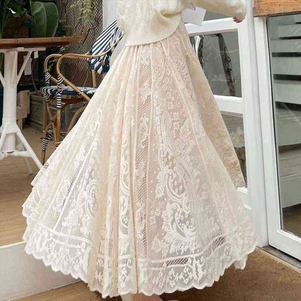 

korean chic spring autumn women maxi skirt high waist black apricot white hollow out fairy skirts elegant lace party long