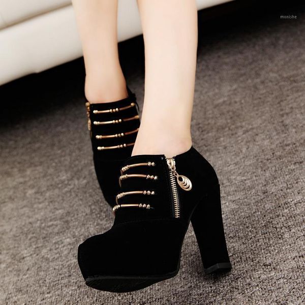 

boots women pumps spring autumn side zipper round head thick bottom heel ankle woman boots1, Black