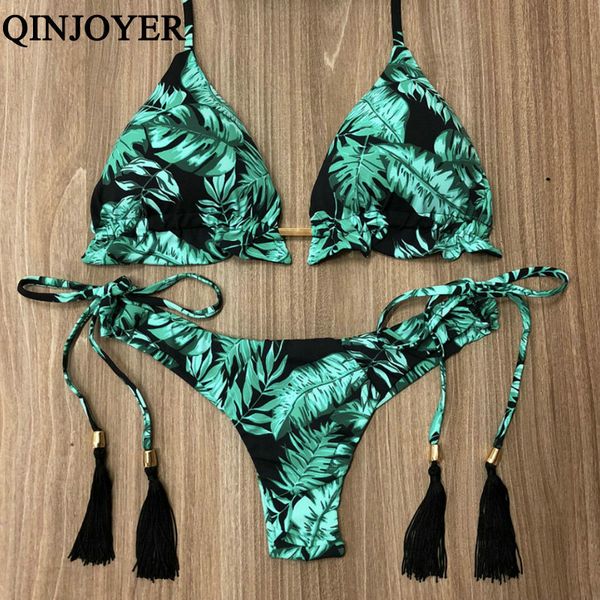 

2021 halter swimsuit women thong micro bikini string padded swimwear brazilian bikini bandage tropical plant print swimsuit, White;black