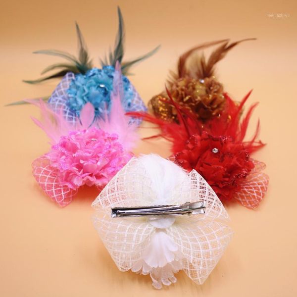 

hair accessories flower feather clip fascinator party headdress dotted mesh for girls1, Slivery;white