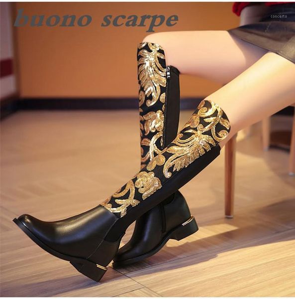 

2020 autumn and winter national wind embroidered elastic boots leather inner high boots sexy1, Black