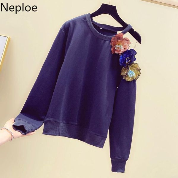 

women's hoodies & sweatshirts neploe korean women 2021 flower sequined pullovers casual loose sweatshirt fashion off shoulder ladies 9, Black
