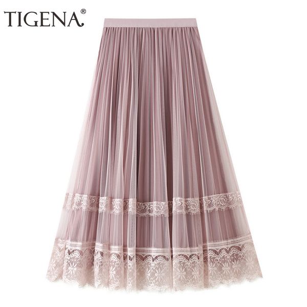 

tigena fashion reversible lace tulle velvet skirt women autumn winter korean ealstic high waist pleated long skirt female pink y1214, Black