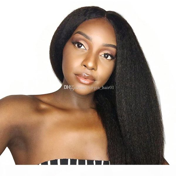 

high 180% density kinky straight lace front human hair wigs for black women brazilian virgin hair natural color front lace wig ing, Black;brown