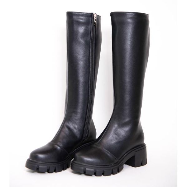 

leather knee high boots women autumn winter high square heel lady platform shoes g272 elegant woman zipper black round toe boots