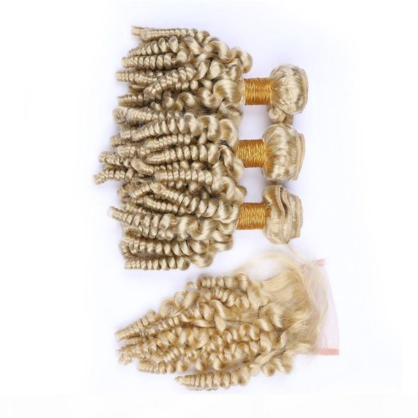 

brazilian blonde aunty funmi virgin human hair 3bundles with closure 4pcs lot #613 blonde funmi curly 4x4 lace front closure with weaves, Black;brown