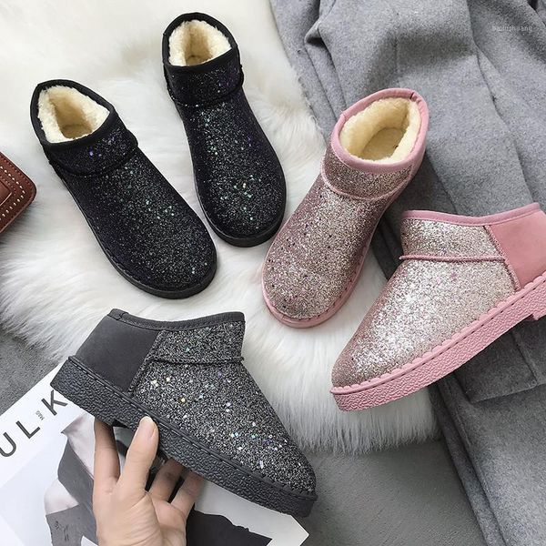 

winter boots with fur female shoes luxury designer australia flat heel boots-women round toe bling bling plush ladies1, Black