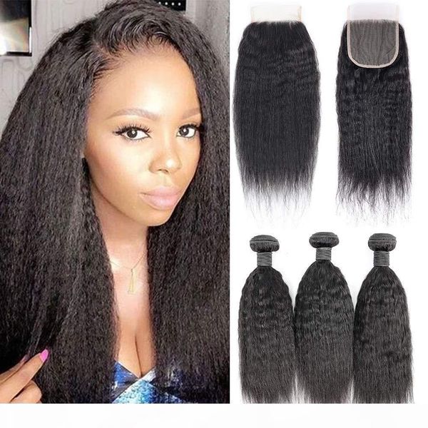 

8a yaki kinky straight human hair 3 bundles with 4x4 lace closure part, 100% unprocessed mongolian virgin human hair weave extensions, Black;brown